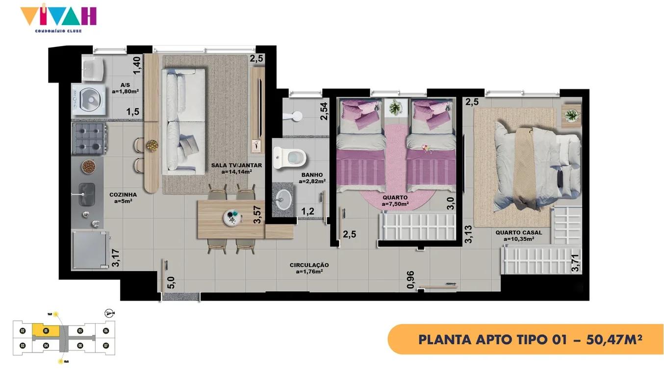 Planta — Apartamento 2 Quartos 50m² — Tipo 01 · 50,47 m²