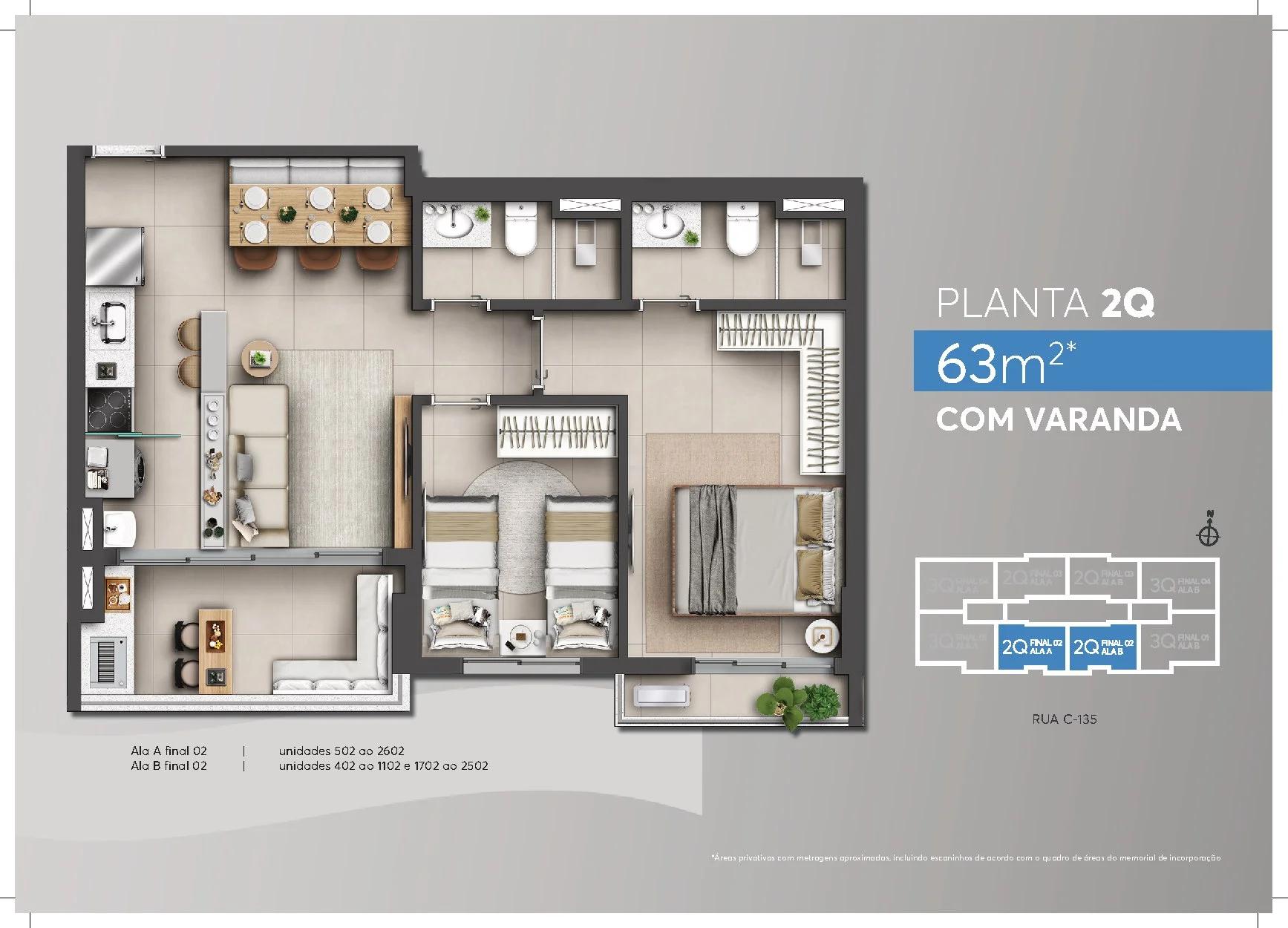 Planta — 2 Quartos com Varanda - 63m² — Pavimento inferior