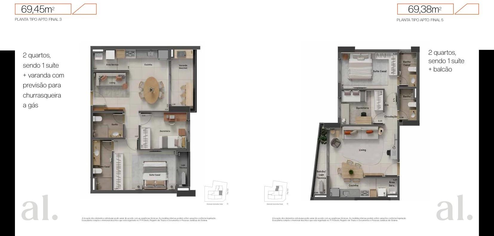 Planta — Apartamento 69m² a 80m² - 2 Quartos c/ 1 Suíte — pag047