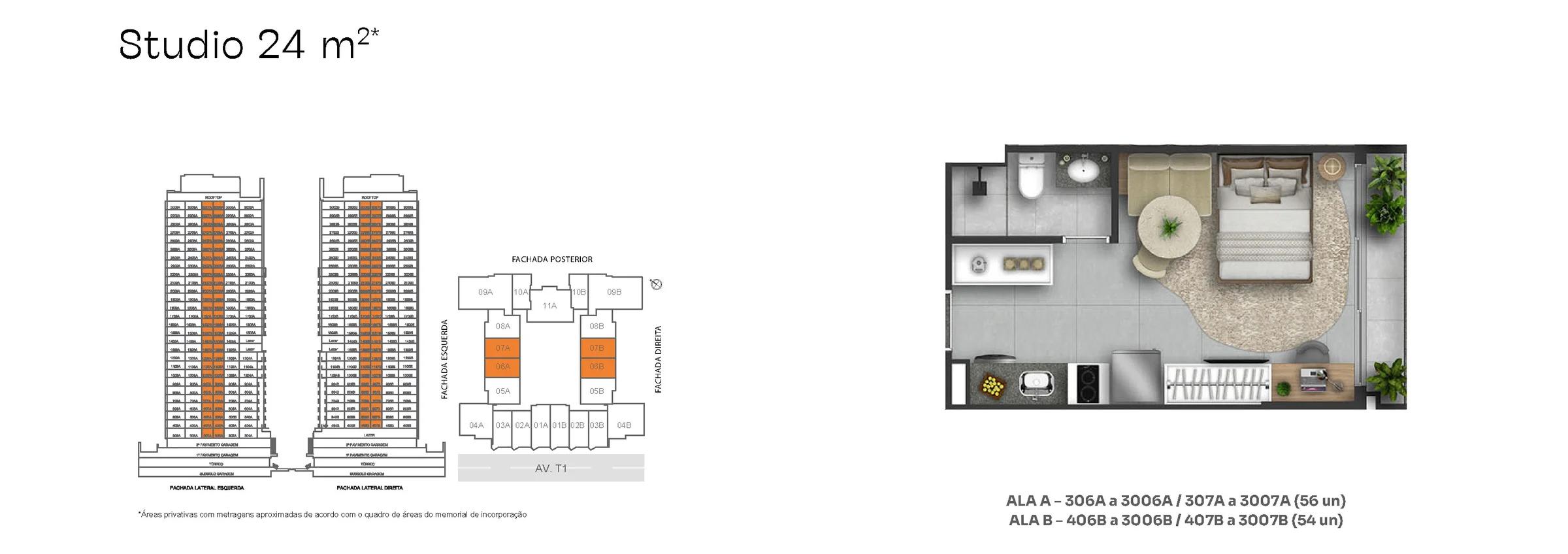 Planta — Studio 24 m² — Pavimento inferior