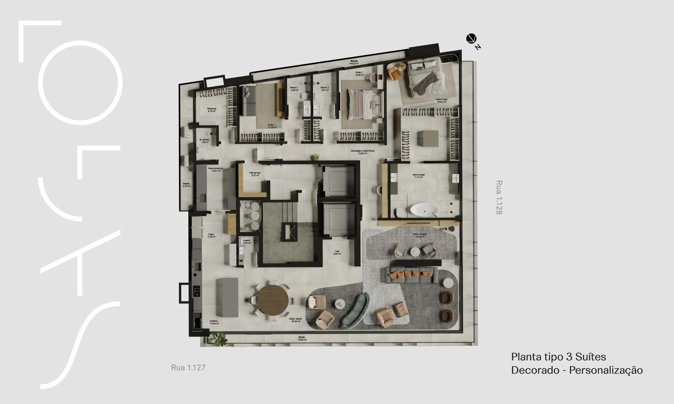 Planta — Apartamento Tipo 265m² a 270m² (3 ou 4 Suítes) — 3 suítes · living ampliado