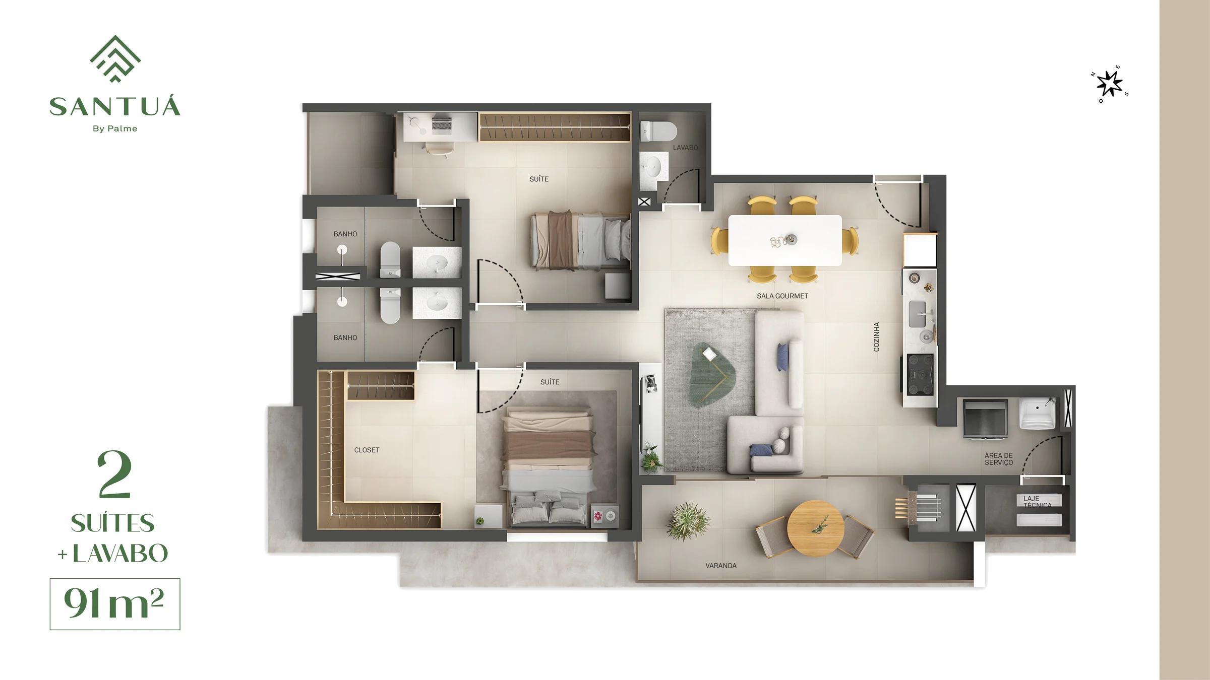 Planta — Apartamento 2 Suítes (86 m² a 91 m²) — 91 m²