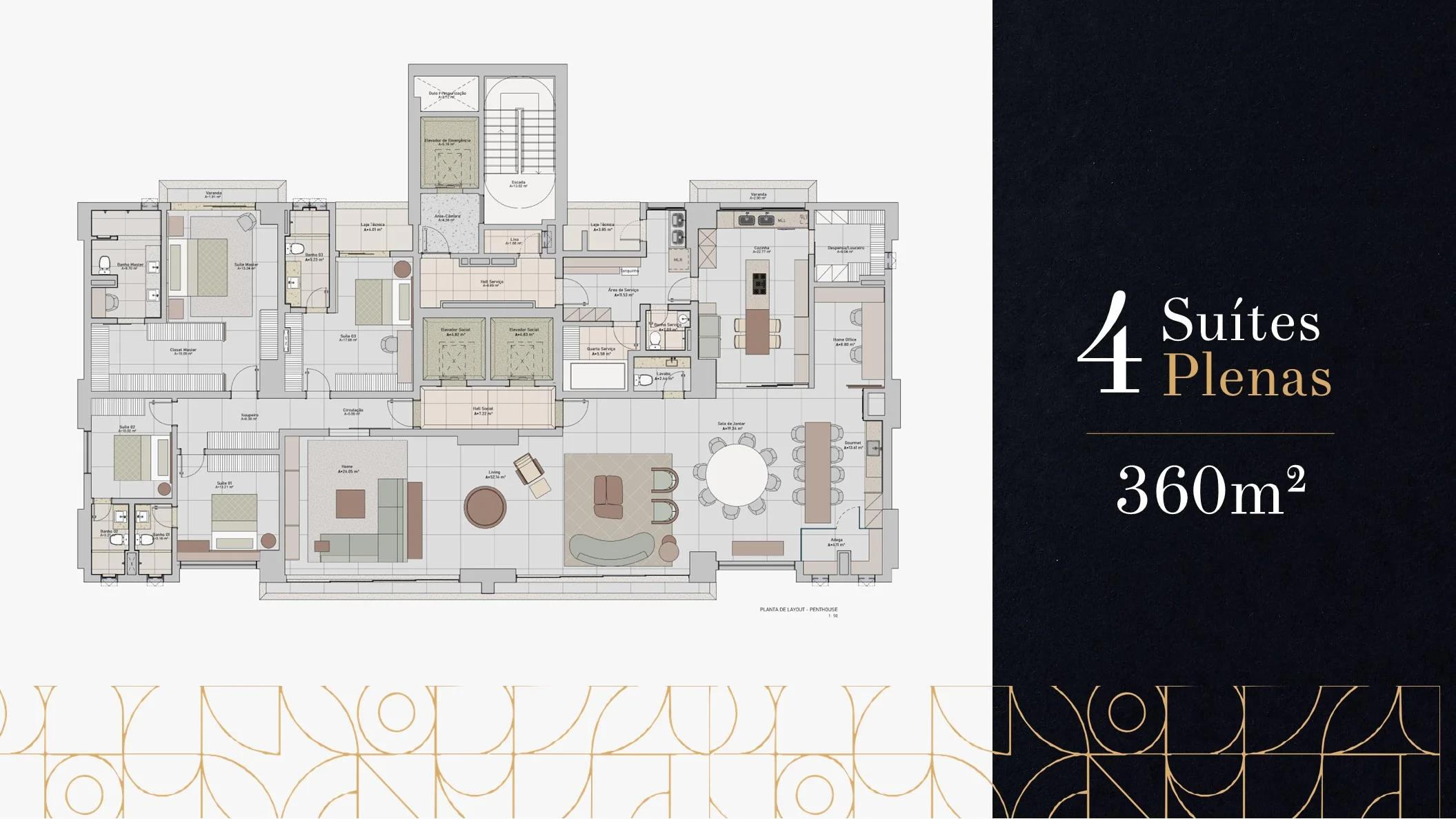 Planta — Penthouse 4 Suítes 360m² — Pavimento inferior