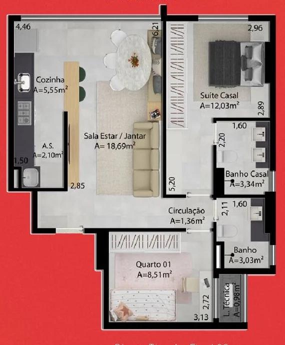 Planta — 2 quartos (1 suíte) — Pavimento inferior