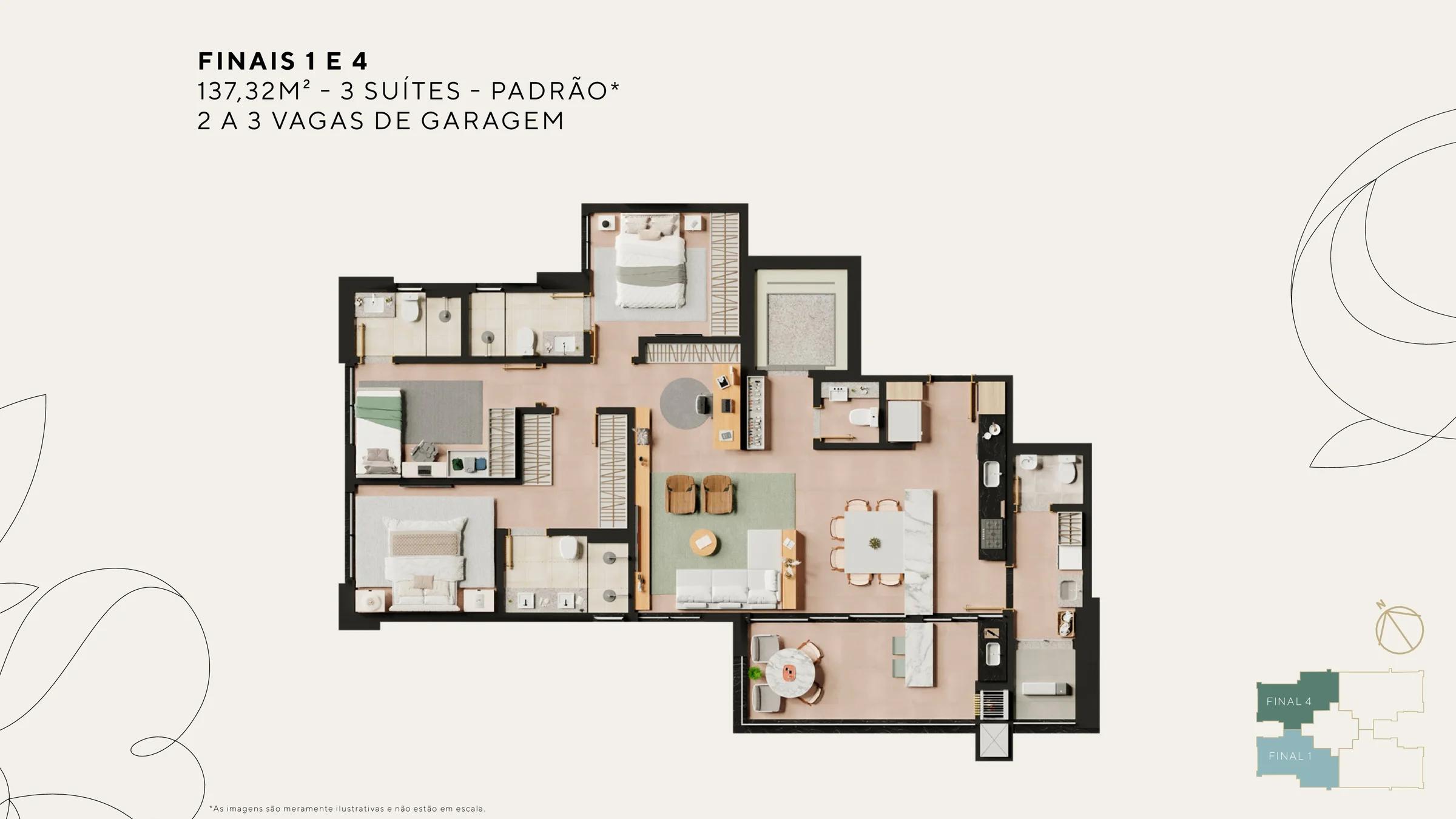 Planta — Apartamento 137m² - 3 Suítes — Pavimento inferior