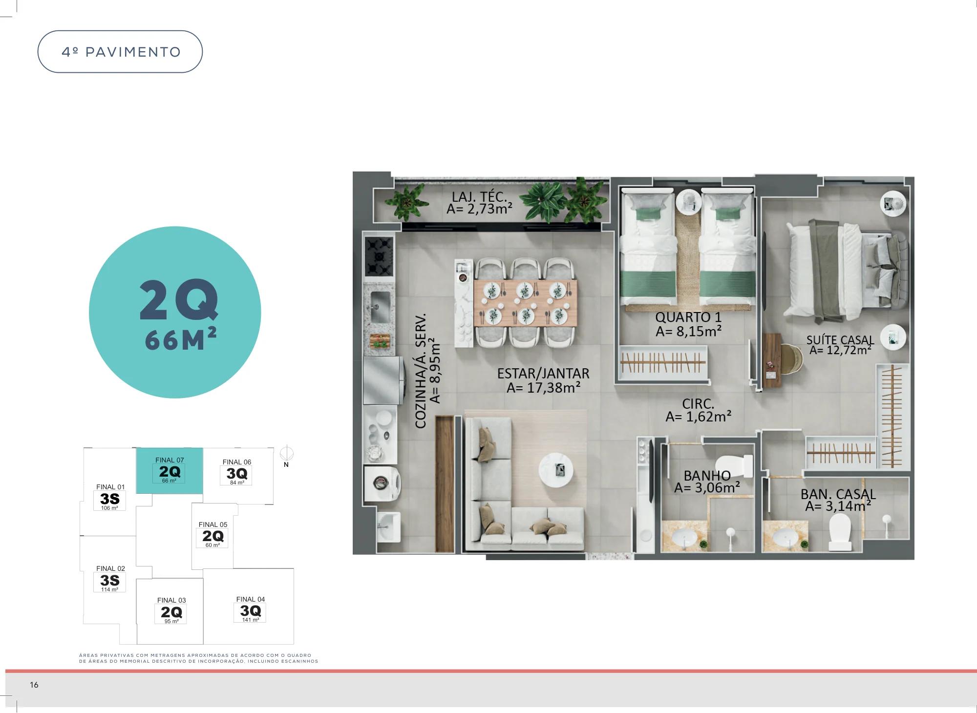 Planta — 2 Quartos - 60m² a 95m² — 2 quartos, 66m²
