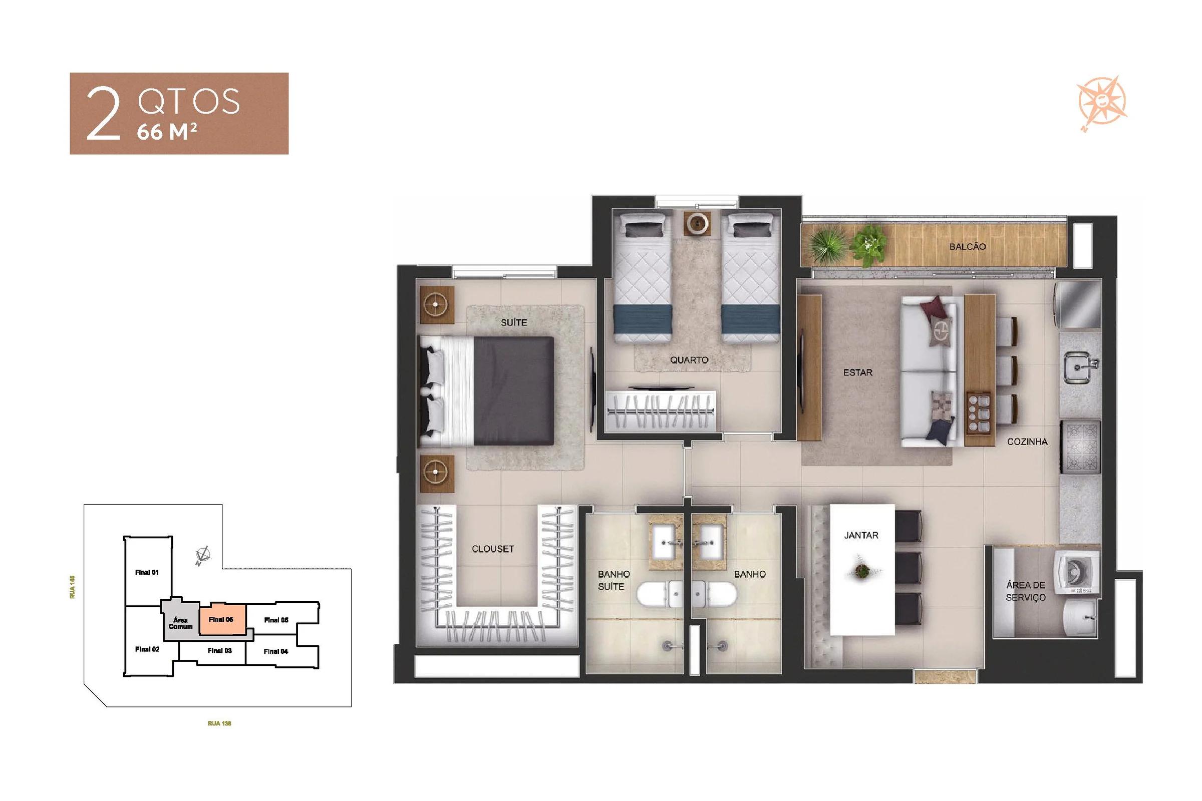 Planta — 2 Quartos - 66m² — Pavimento inferior