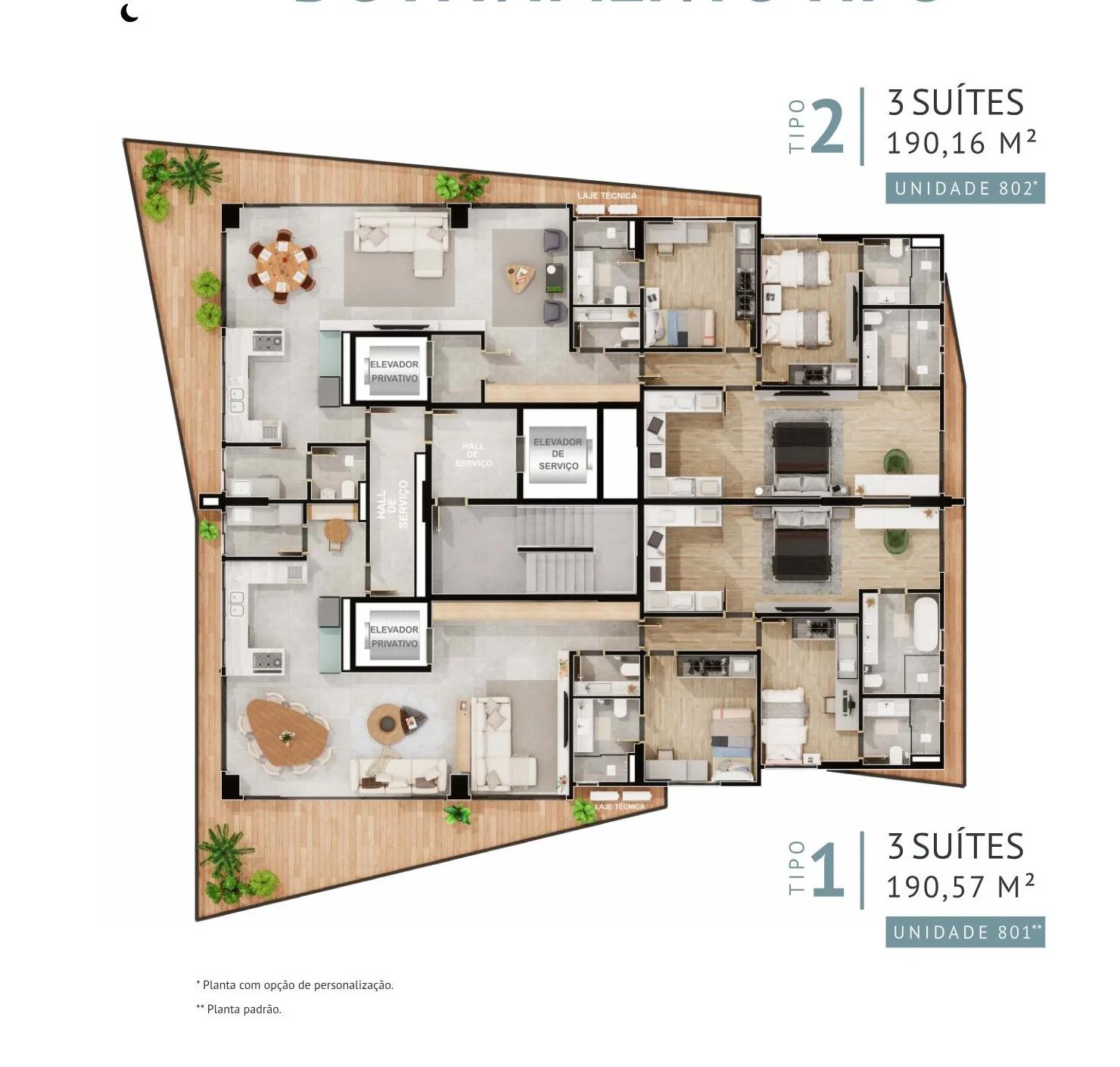 Planta — Apartamento 3 Suítes — Pavimento inferior