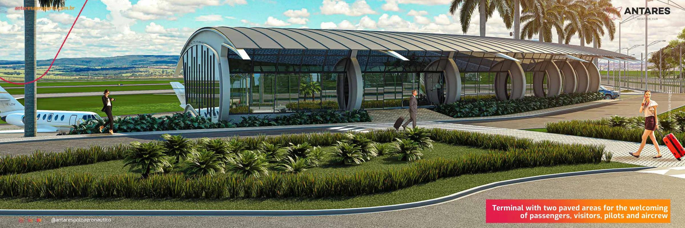 Fachada externa do terminal de passageiros com projeto curvo e áreas verdes no entorno