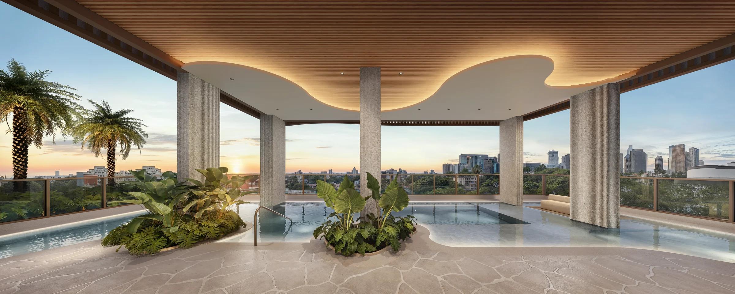 Área da piscina com deck coberto por teto ondulado de madeira e vista para o horizonte