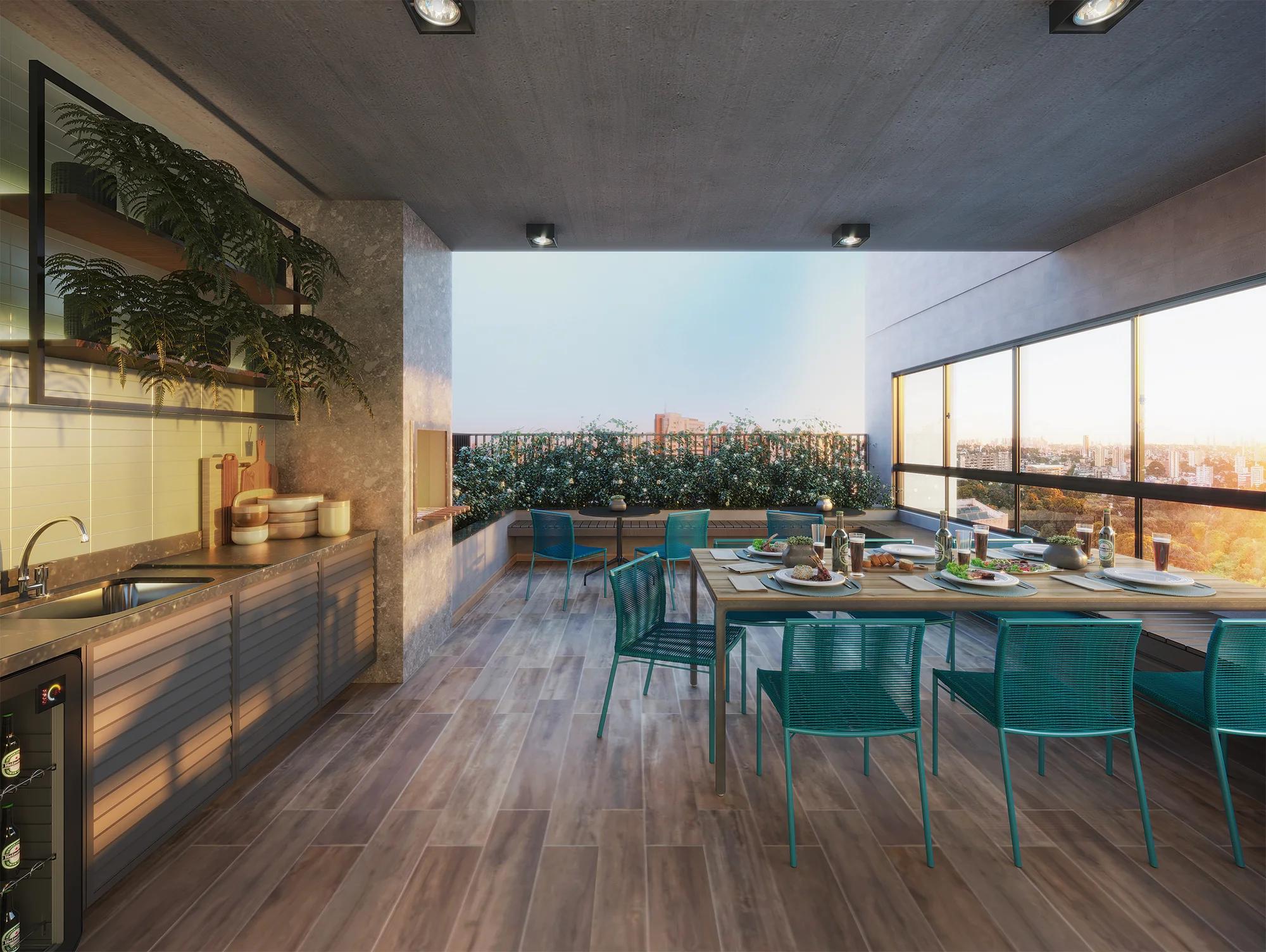 Varanda gourmet externa no terraço com bancada, churrasqueira e mesa de refeições