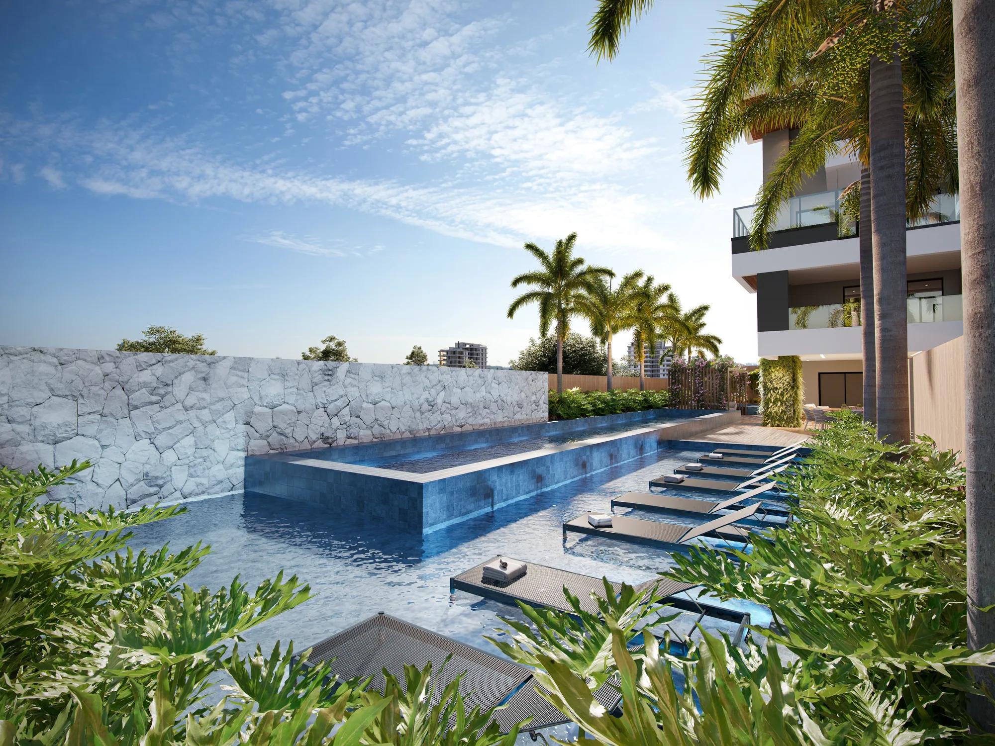 Atmos City Design — área comum — Piscina com espreguiçadeiras