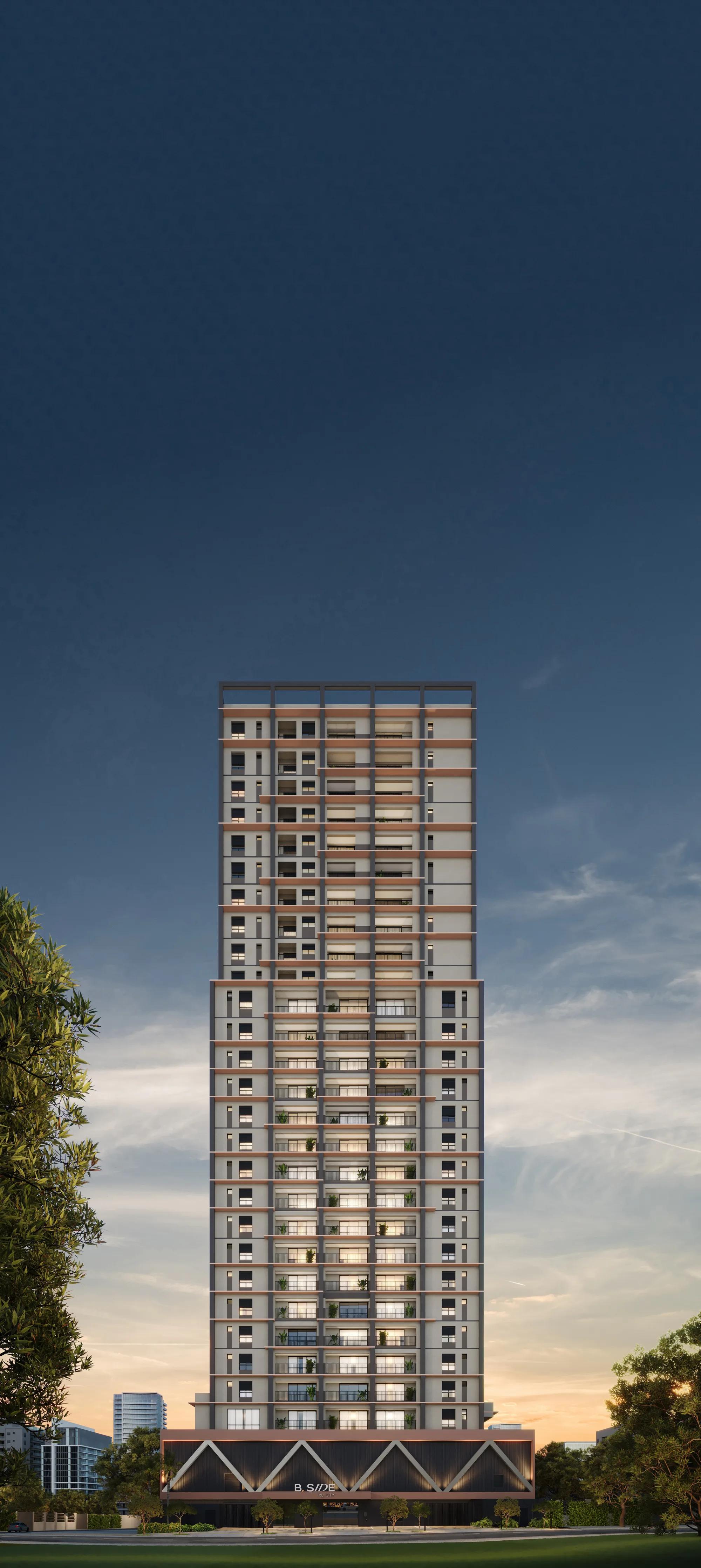 B.Side by City — perspectiva — Fachada frontal ao entardecer