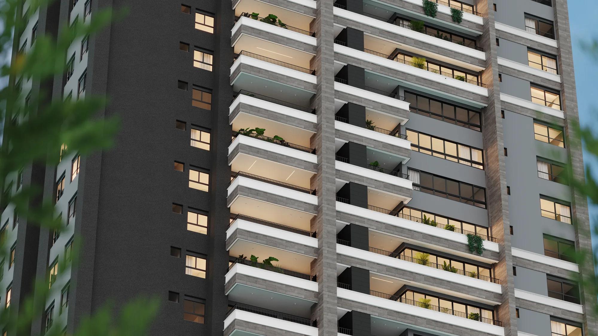 Reserva 27 — perspectiva — Fachada com varandas arborizadas